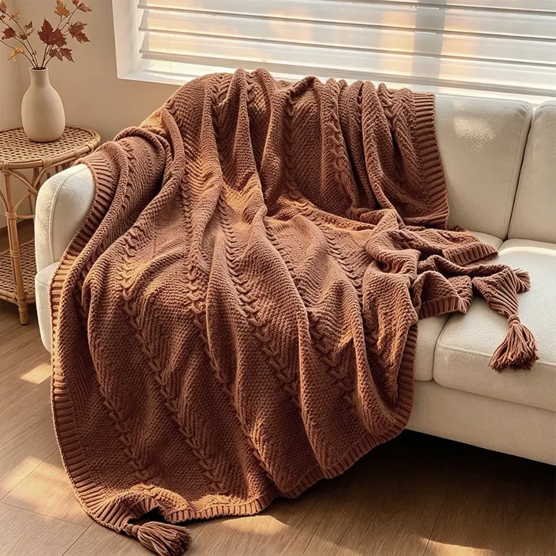 Portable Lightweight Cable Knit Tassel Blanket, Cozy Woven Knit Fabric, Multi-Purpose Cover for Sofa, Office, Travel Lounging, Cozy Throw Blankets