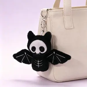 1pc Bat Plush Skull Pendant, Halloween Atmosphere Decorative Hanging Ornament, Cosplay Party Accessory, Soft Plush Keychain, Goth Keychain