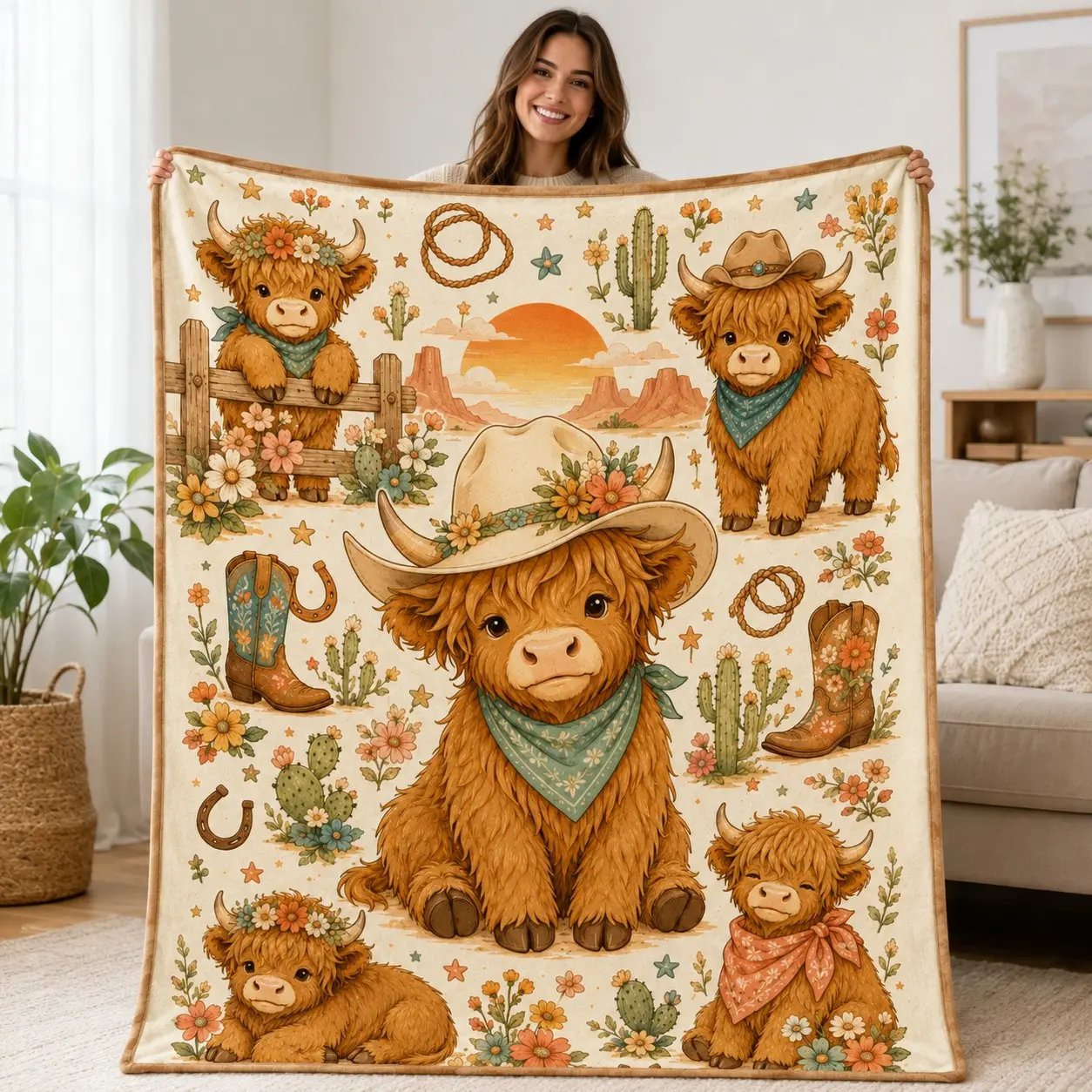 Cute Highland Cow Flannel Blanket, Western Cowgirl Throw Blanket, Floral Boho Desert Cactus Blanket for Bed Sofa, Cozy Gift for Girls Kids Women