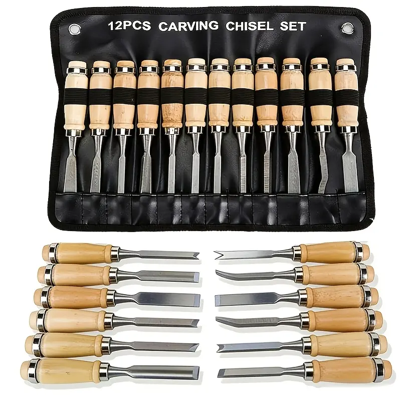 Wood Carving Tool Set - 12 Chisels with Canvas Box, Woodworking Wooden Chisels, Woodworking Tools And Accessories, Wood Carving Chisels, Sharp CR-V 60 Steel Blades, Wood Chisel Set Suitable for Beginners And Professionals to Use.