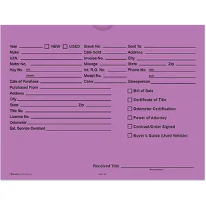 Printed Vehicle Deal Envelopes - 9x12 Deal Jackets, 100 Shrink-Wrapped, Lavender Home Supplies Accessory, Shrink Wrap