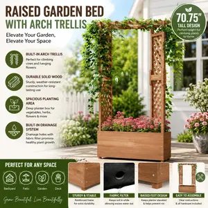 Raised Garden Bed with Arch Trellis for Climbing Plants 70.75in Tall Outdoor Wood Planter Box with Drainage Holes Fabric Filter for Backyard Patio Privacy Screen Hanging Flowers Row Dark Brown