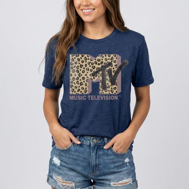 Women's MTV Leopard Print Round Neck Tee Fitted Short Sleeve T-Shirt for Summer Casual Wear Ladies Clothes Top with Unique Print and Durable Fabric