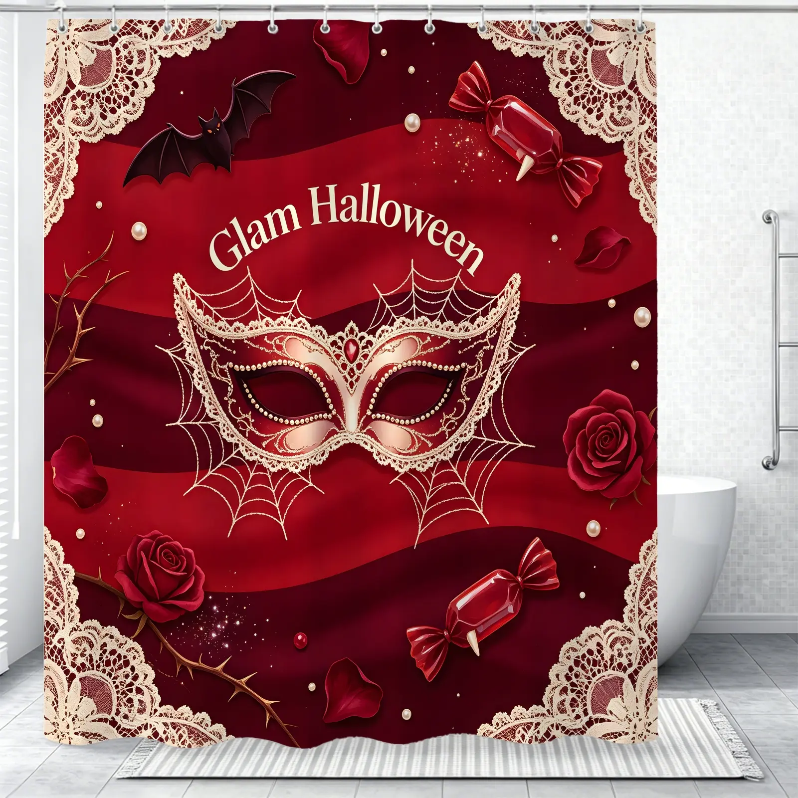 2pcs shower curtain set waterproof mildew resistant polyester fabric, featuring elegant glam halloween masquerade mask rose lace spider web gothic art prints, perfect for bathroom hotel apartment dorm home decoration, easy to install and care