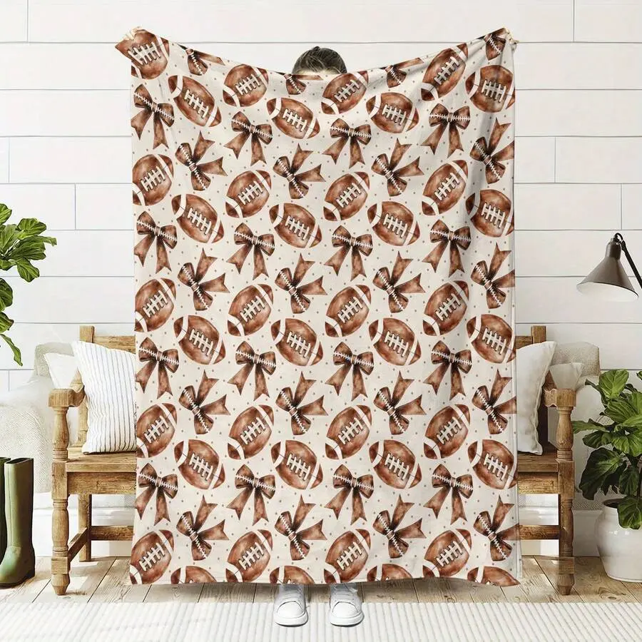 Football Theme Print Cream Flannel Blanket Soft Warm Throw Plush Blanket Coquette Sports Girly Bedroom Couch Nap Blanket Giftable Preppy Football Bow Decor Blanket For Room Party Day Gift Popular Home Blanket
