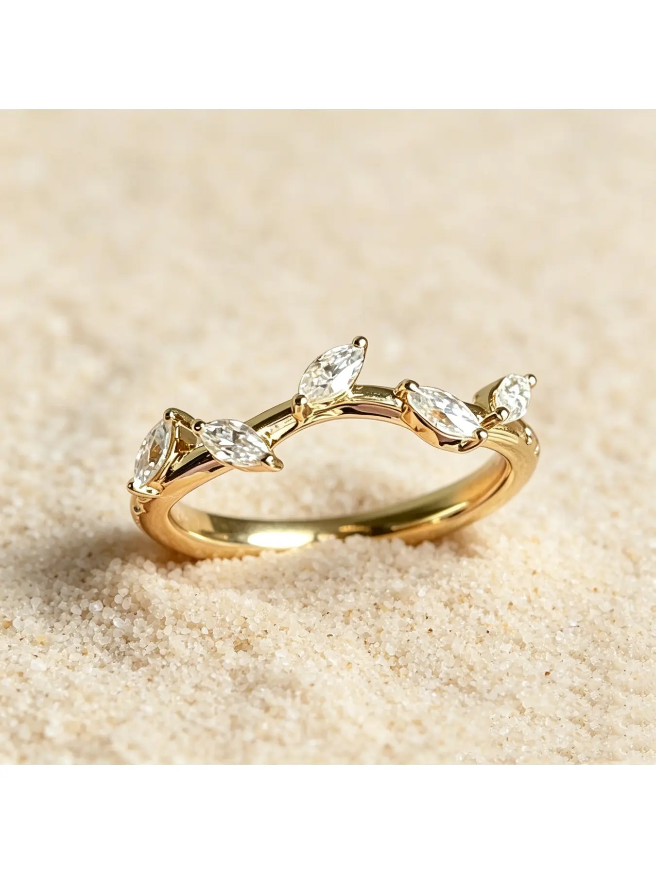 Curved V Band Five Marquise Diamond Scattered Inlay Thin Gold Wedding Band, Simple Vine Eternity Band, Delicate Gentle Birthday Gift for Elegant Girls, Stackable Daily Women Jewelry, Ideal for Valentine Proposal and Christmas Dinner Occasions