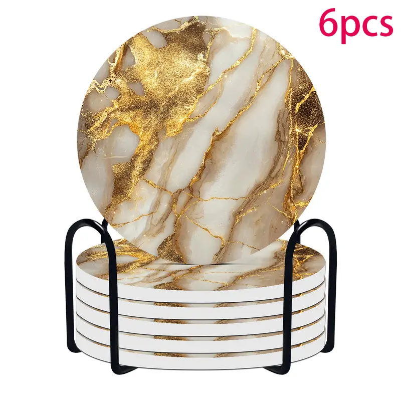 6-piece gold marble-patterned round ceramic coaster set (with stand), stylish and non-slip coasters, suitable for most cups and beverages, making them an excellent gift and ideal for home decoration