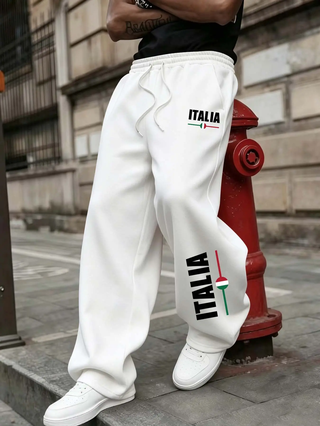 Men's Wide Leg Casual Pants, Italian Theme Print, Elastic Drawstring Loose Fit, High Street Long Trousers, Fall & Winter