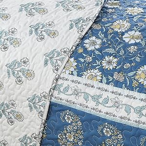 Floral Set Queen Size, Farmhouse Cottage Bedding Set, Blue Vintage Paisley Coverlets, Soft Microfiber Lightweight Reversible Bedspreads for All Season, 3 Pieces