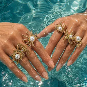 Main Character Energy Mermaid Pearl Statement Ring Gold Chunky Starfish Ocean Aesthetic Y2K Baddie Summer Beach Vacation Jewelry Gift For Her Cruising Essential
