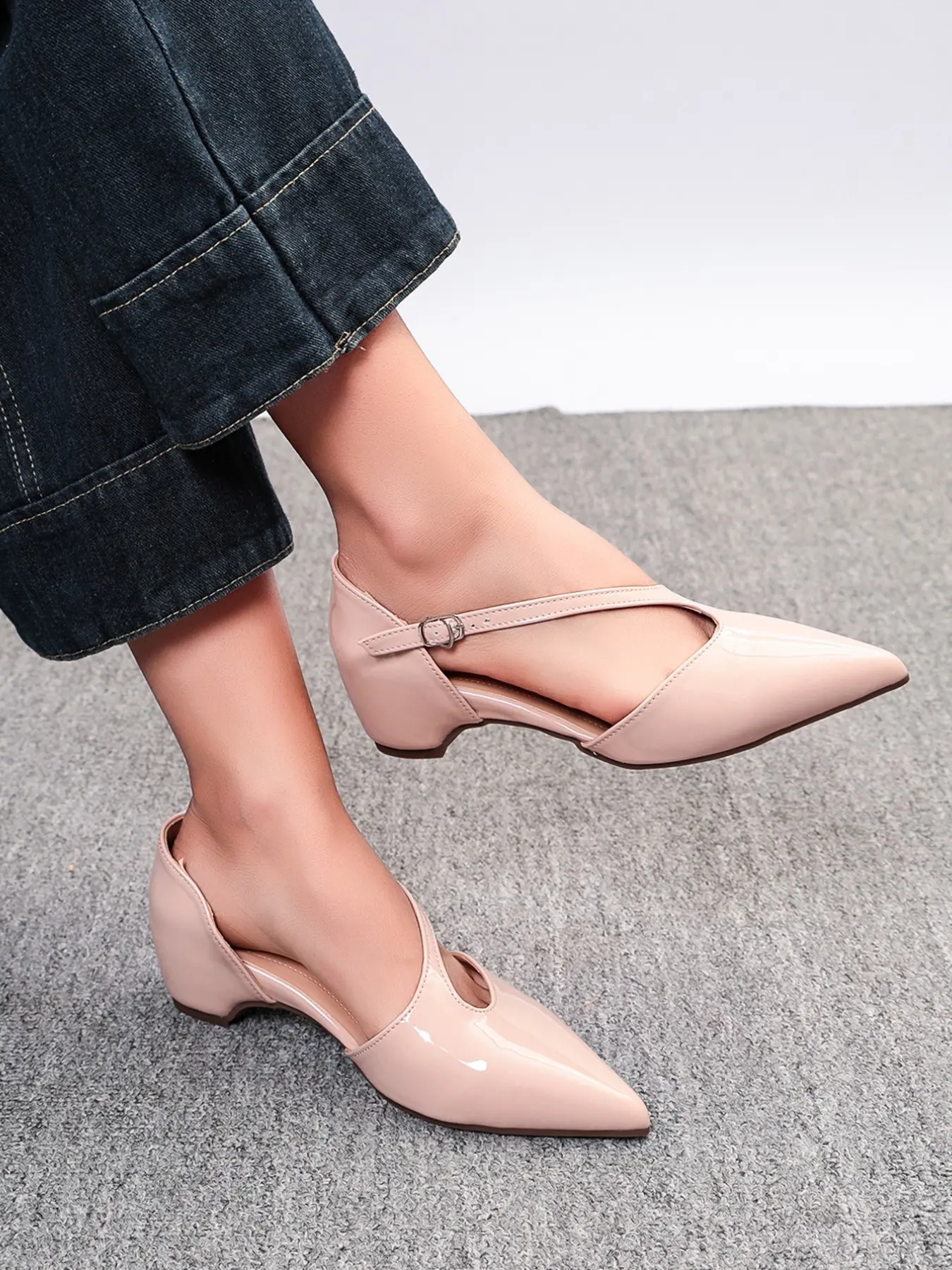 French Pointed Toe Mary Jane Sandals for Women, Adjustable Buckle, Low Heel, PU Leather, Comfortable and Stylish, Office Shoes for Work and Formal Events