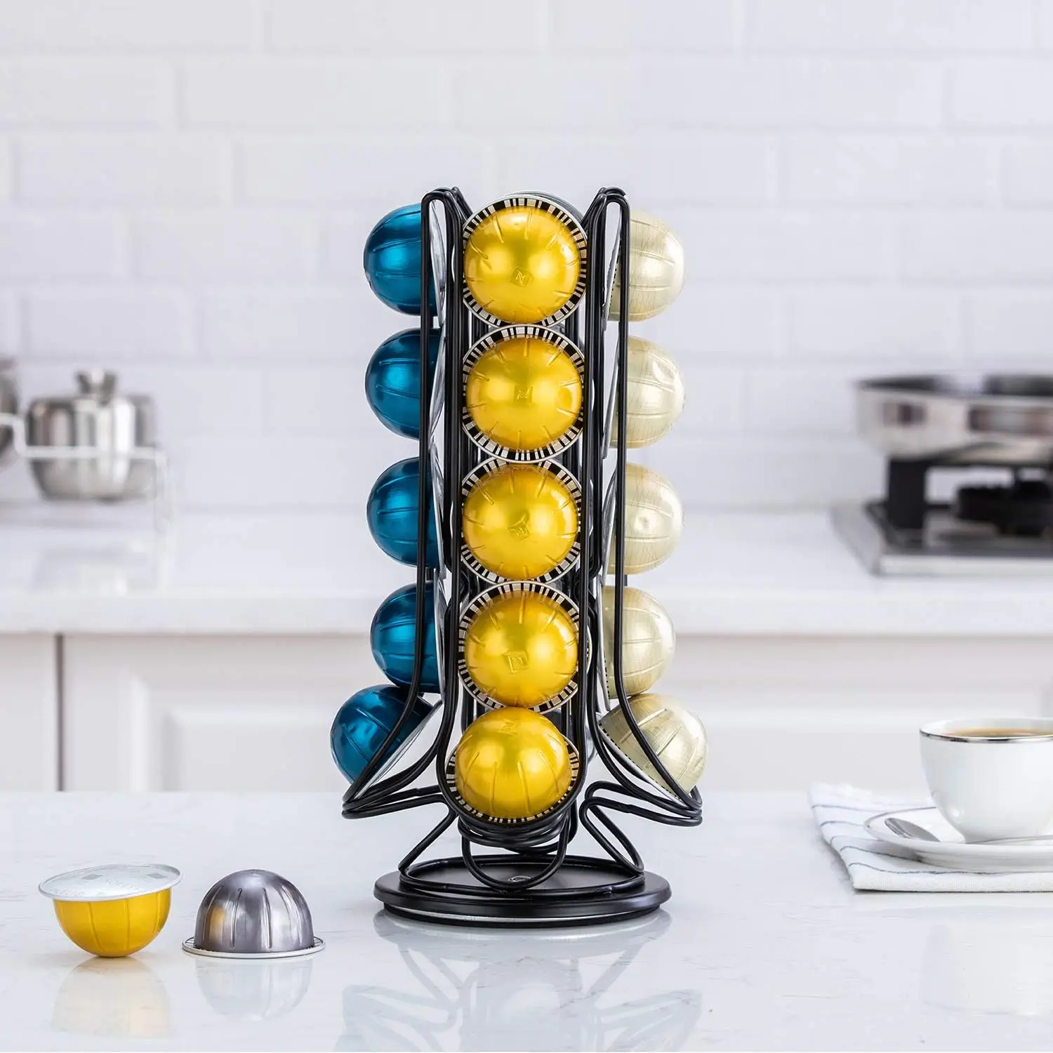 Vertuo Pod Holder Coffee Pod Carousel Stand Storage for Nespresso Vertuoline, Small Size 360-Degree Rotation Wire Metal Black (20 Pods Capacity)