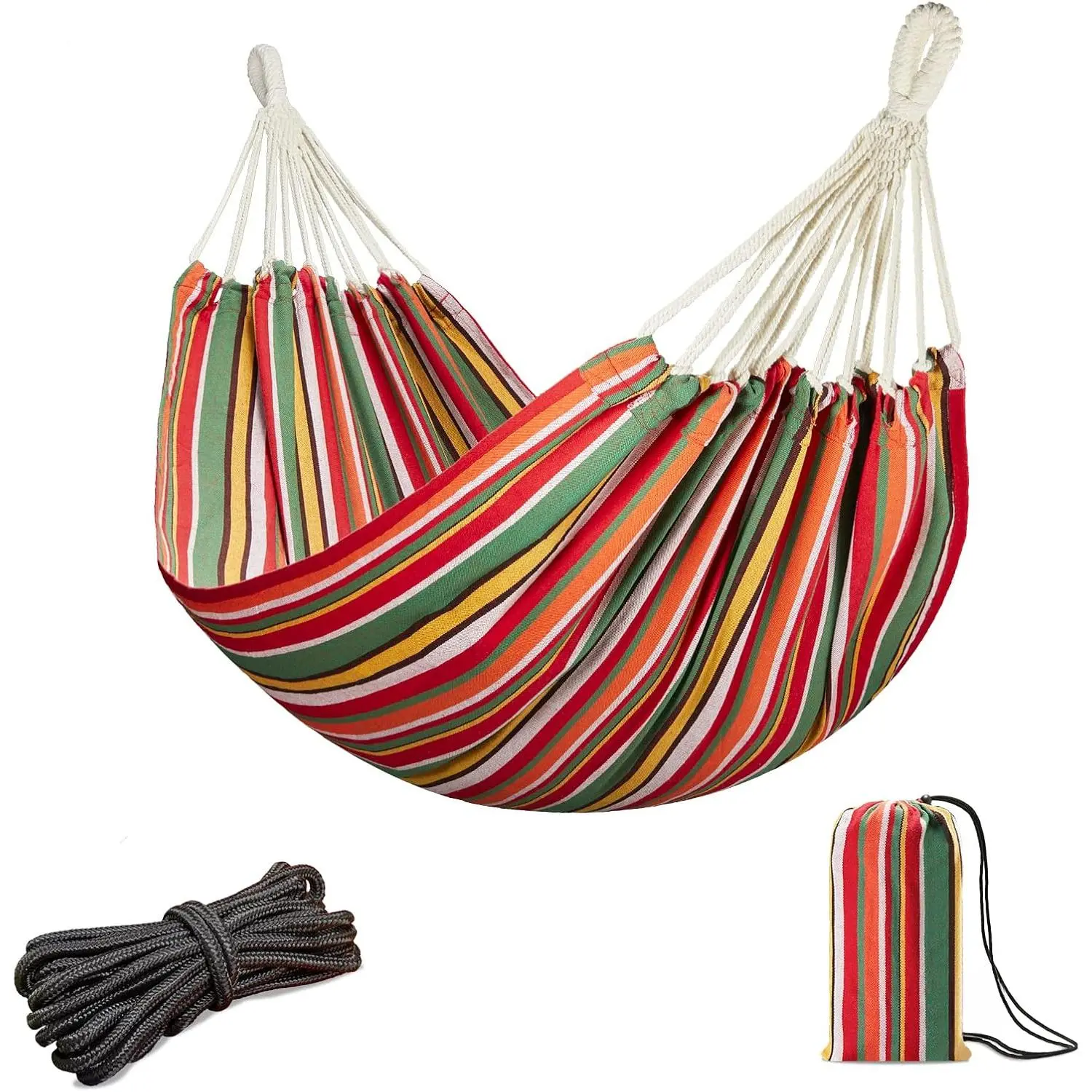 Hammock for Single Person - Portable Cotton Hammock with Hanging Ropes & Carry Bag - 78.8x39.4' - 300LBS Capacity - Red & Green Stripes