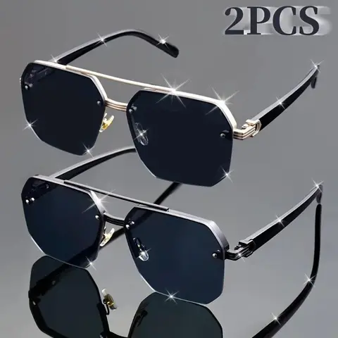 XUH Men's 2-Pack High-Quality Metal Alloy Square Half-Frame Sunglasses - Men's Accessories, Reinforced Hinge, Sun-Protective Lenses, for Daily Casual Use