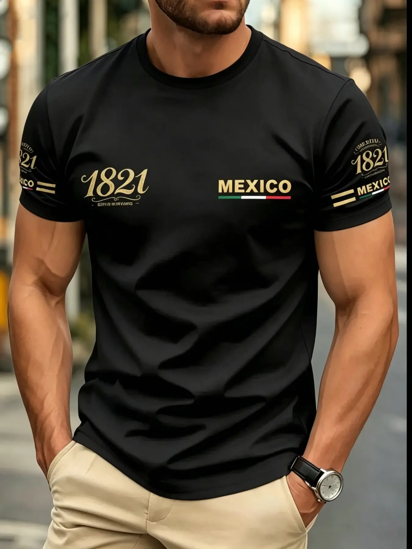 Men's Black 1821 Mexico Independence Commemorative Gold Print Short Sleeve T-Shirt, Tricolor Flag Logo Symmetric Sleeve Print Crew Neck Breathable Tops, Vintage Patriotic Daily Casual Athletic Wear