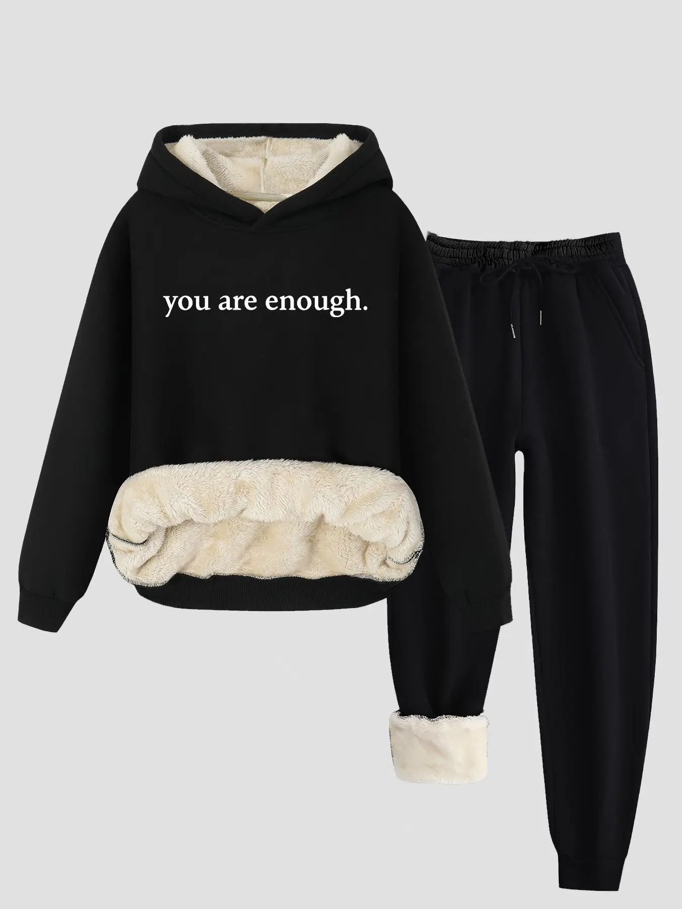 Comfortable Lamb Fleece Lined Sweatshirt Set, Cozy Hooded Top with Healing Slogan Print, Thickened Fall Winter Casual Sportswear
