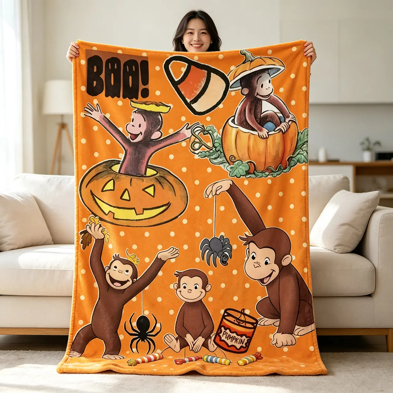 Curious George Orange Polka Dot Cartoon Monkey Pumpkin Spider Candy Boo Halloween Print Flannel Blankets Throw Blankets Soft Warm Bedding Bed Accessories Kids Sofa Bed Cover Holiday Party Gift For Toddlers