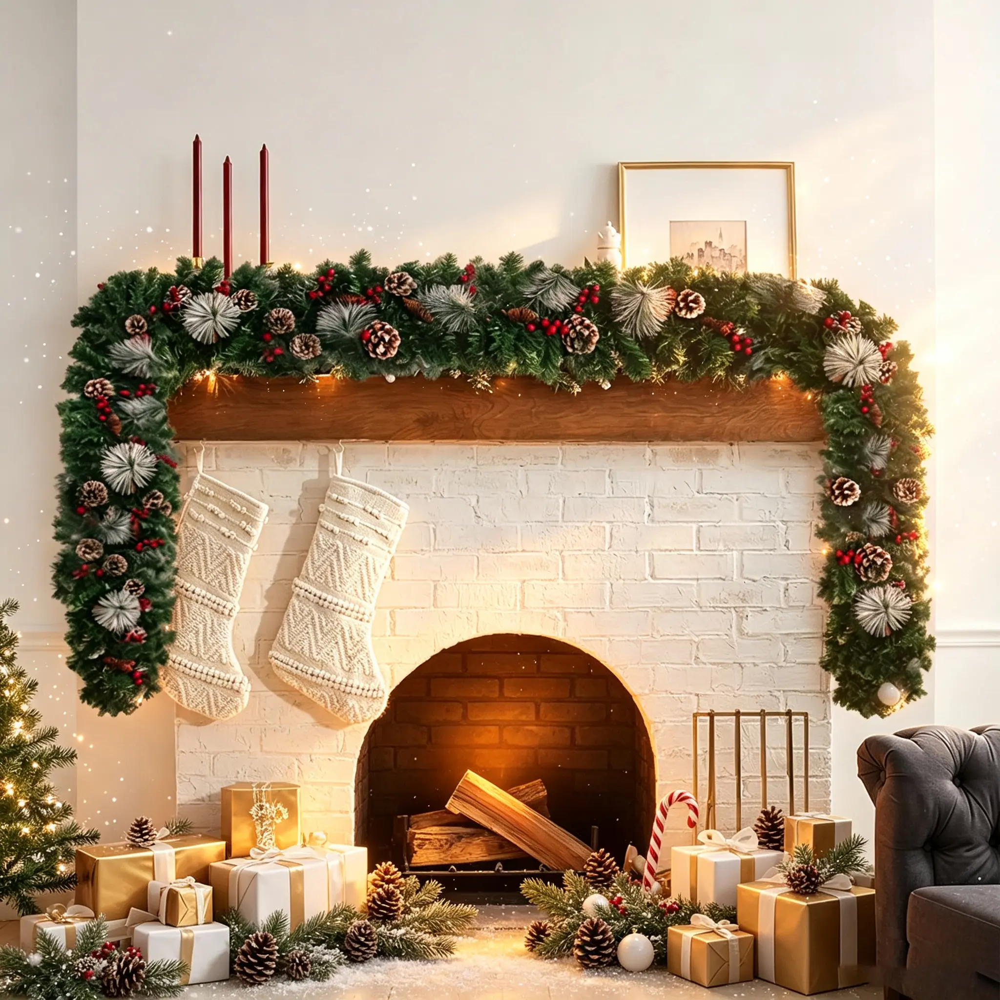 1.8-meter realistic Christmas wreath, perfect for holiday parties, homes, restaurants, fireplaces, and outdoor holiday decorations. It is an ideal farmhouse style plastic floral arrangement for Christmas trees and fireplaces