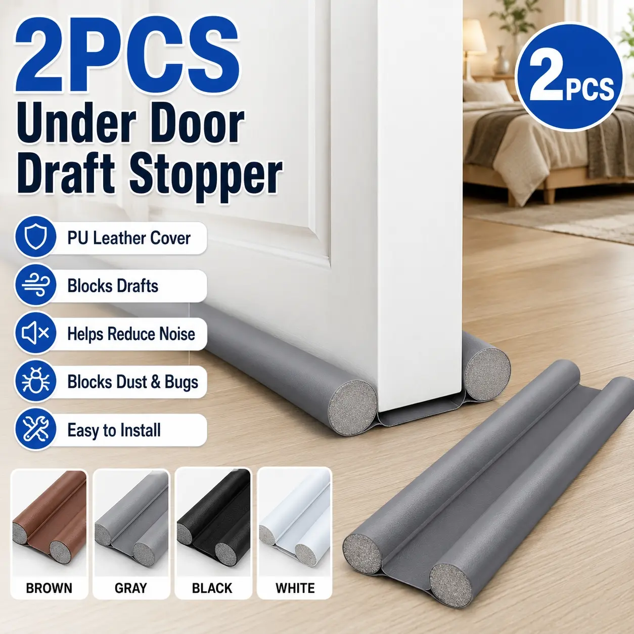 2Pcs Door Draft Stopper for Bedroom Door Bottom Seal Strip, Under Door Gap Blocker Noise Reducing Windproof Dustproof Waterproof Weather Stripping, Easy Install Draft Guard Air Blocker for Home Bedroom Bathroom Kitchen Office, Brown Door Sealer