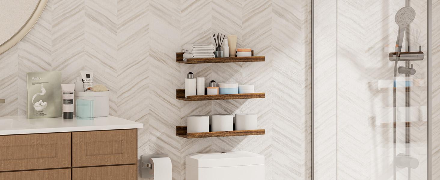 Floating Shelves for Wall, Wall Shelves for Decor Storage Set of 6, Wall Mounted Wood Shelf for Bedroom, Living Room, Bathroom, Kitchen, Picture Ledge Shelf, Brown