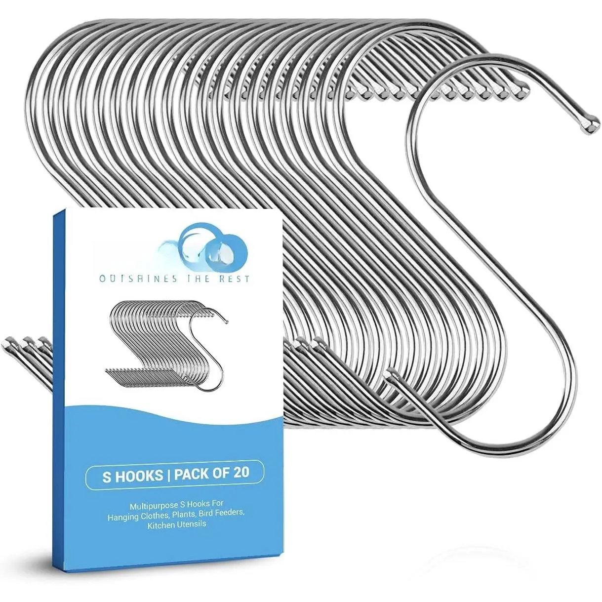 Stainless Steel S Hooks,  20-Pack for  , heavy-duty, Closet Hooks, for  Clothes, Durable kitchen hooks, for  Utensils, Pots, Clothes, Bag