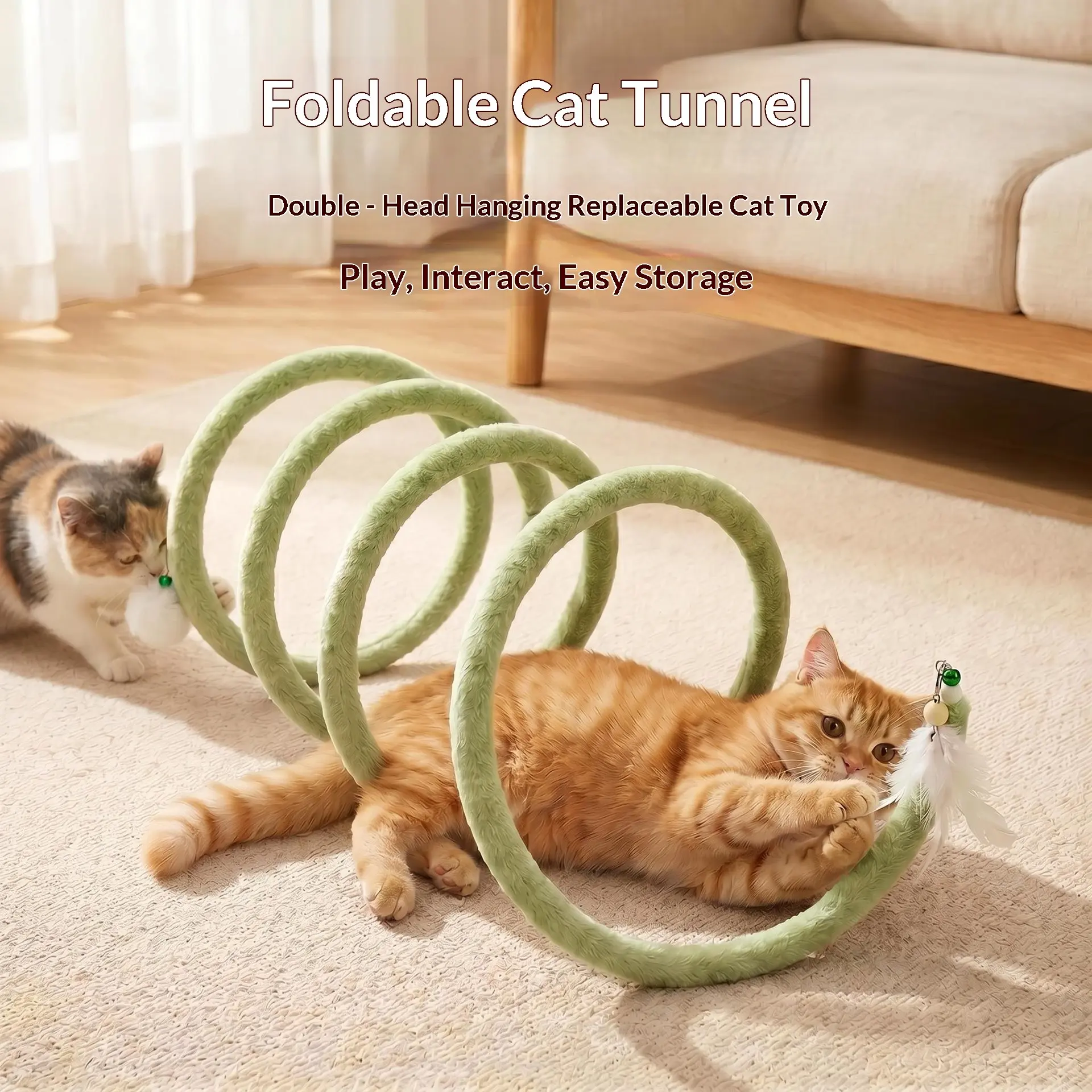 1PC Foldable Spring Cat Tunnel Toy, Soft Plush Spiral Ring With Detachable Feather Pom-pom Bell, Flexible Self Play Toy, Stimulate Kitten Hunting Instinct, Scratch Resistant Plush, Adjustable Interactive Cat Toy Relieve Indoor Boredom