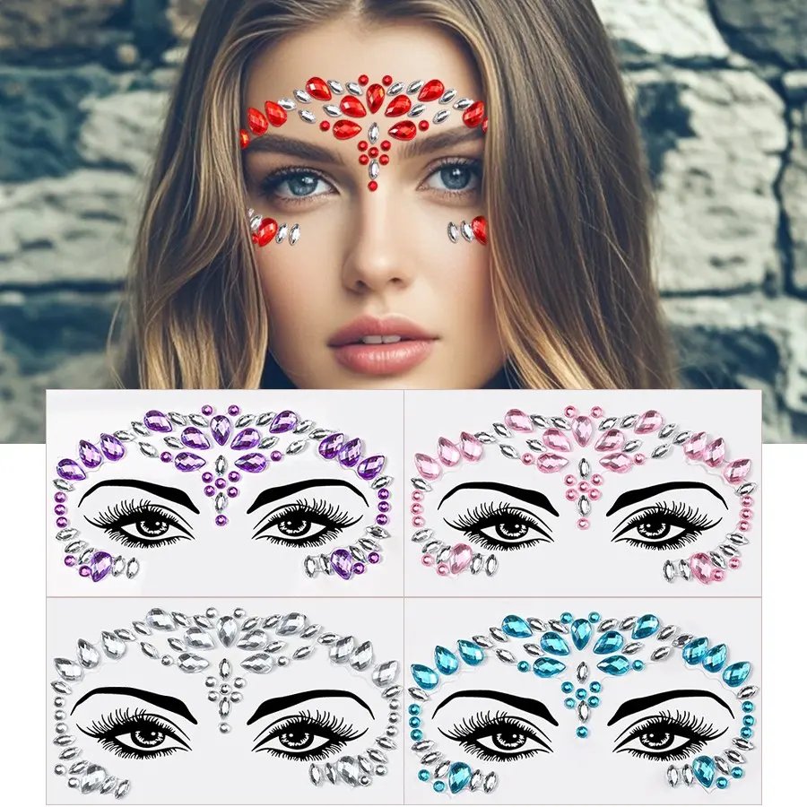 5pcs Colorful Boho Forehead Rhinestone Stickers, Exotic Makeup Gems for EDM Party, Selfie Decor Stickers for Halloween Cosplay