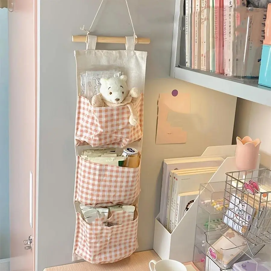 Canvas Wall-Mounted Pink Storage Bag Rack Organiser - Multifunctional Home Organizer for Bedroom Books, Jewelry, and Miscellaneous Items