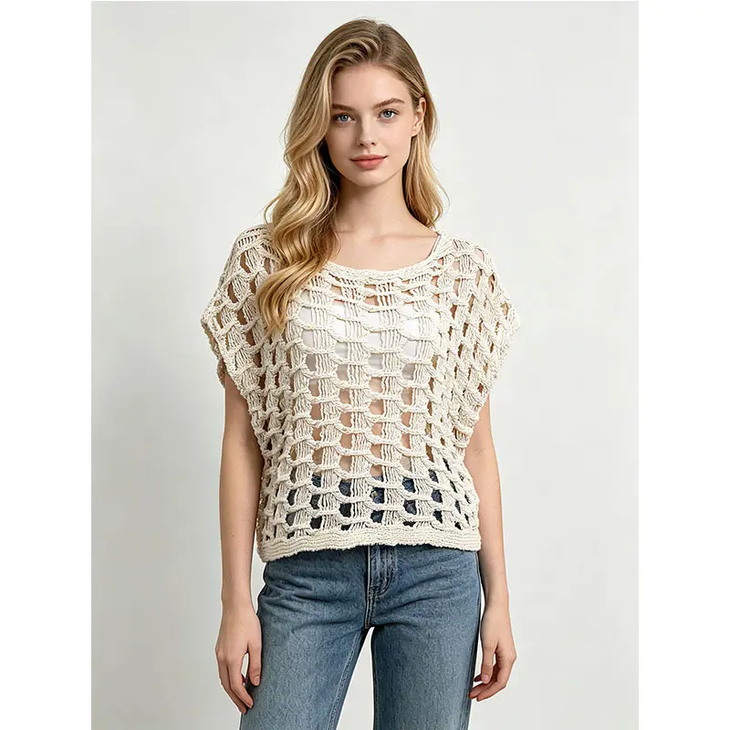 Women’s Crochet Open-Knit Cover-Up Top, Relaxed Sleeveless Mesh Pullover, Hand-Crochet-Inspired Boho Beach Festival Layering Shirt