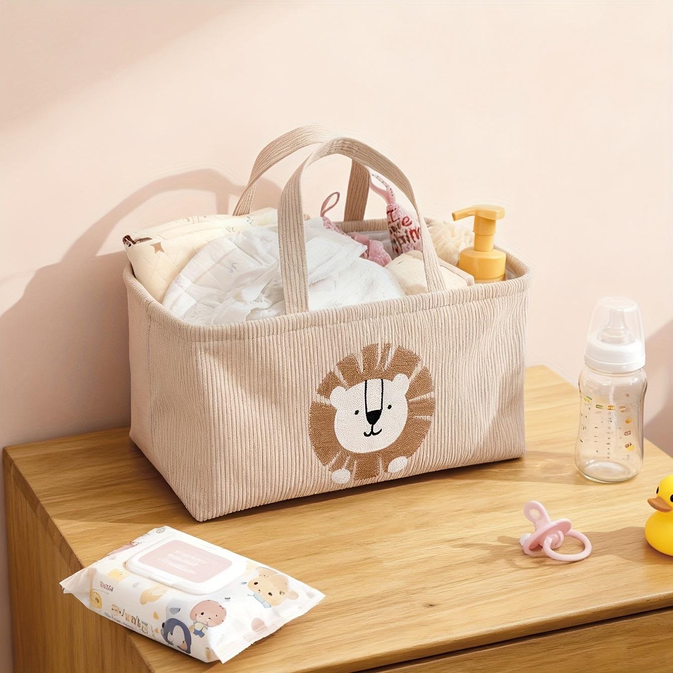 Cute Cartoon Lion Storage Basket with Handle & Divider, Portable Diaper Caddy Organizer for Baby Nursery, Toy & Clothes Storage Bin for Home