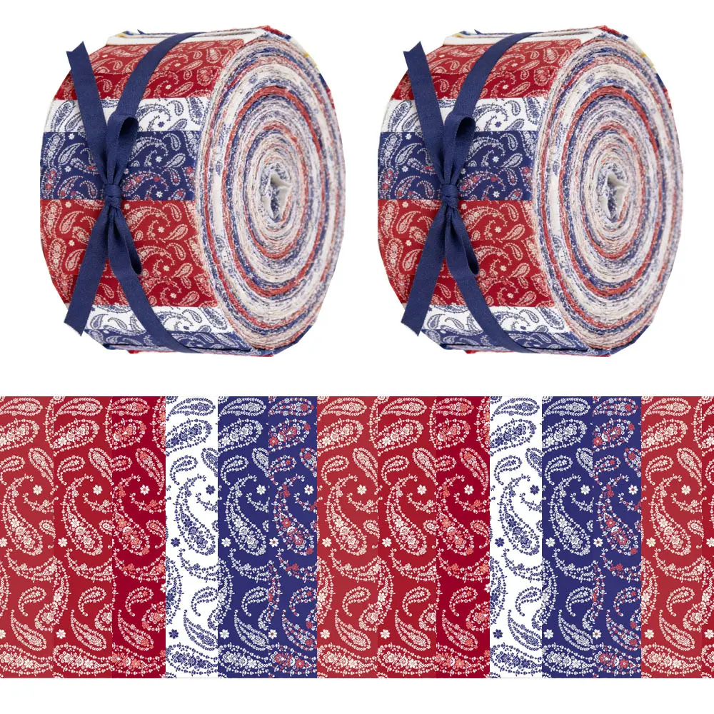 40Pcs Vintage Crimson and Dark Blue Paisley Fabric Strips Precut Quilting Strips 2.55x19.7 Inch Cotton Fabric Rolls for DIY Gift Wrapping and Sewing