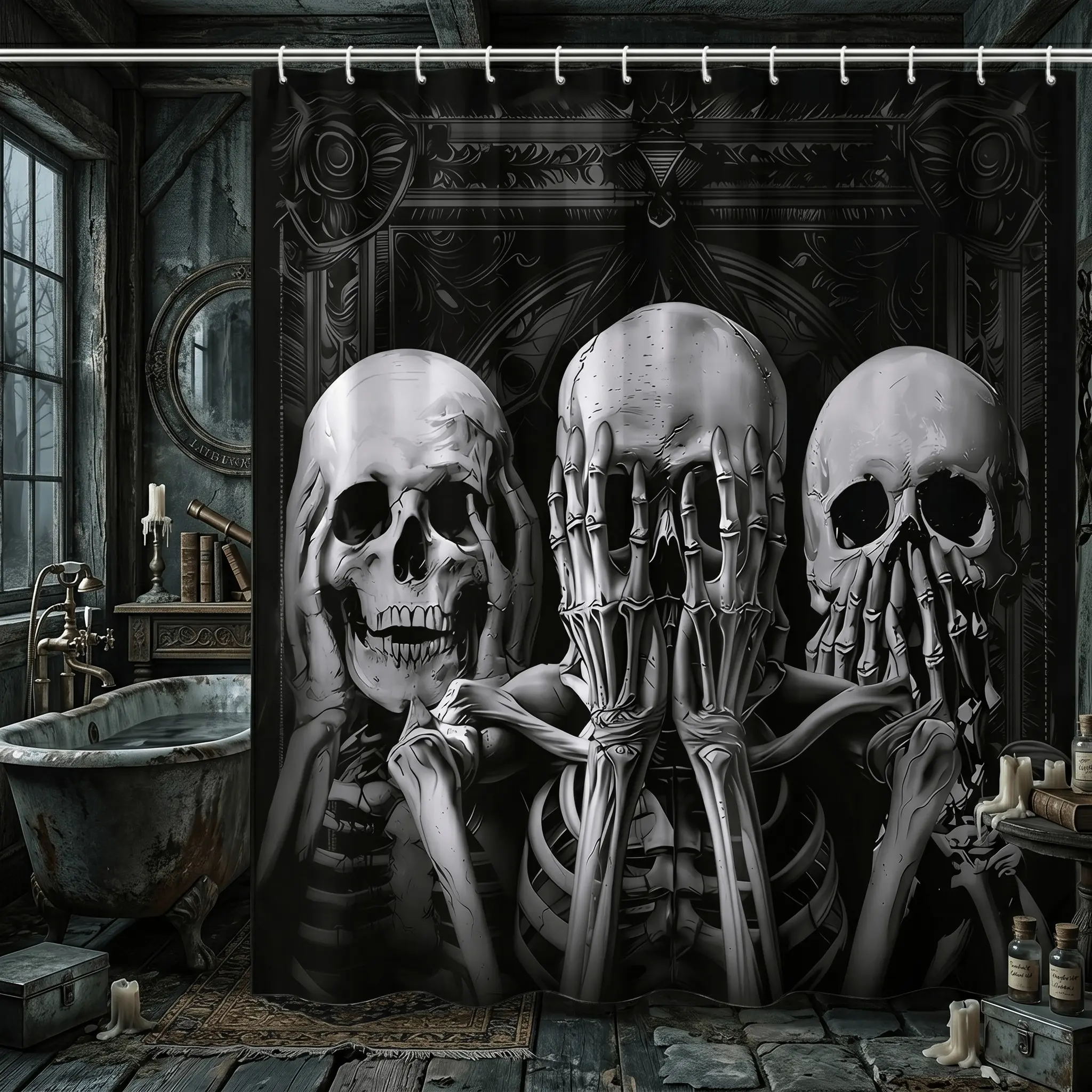 1pcs Mysterious Gothic Spooky Skeleton Bathroom Decorative Shower Curtain, Three Skulls Graphic, Vintage Dark Baroque Frame, Gothic Horror Party Backdrop, Home Hotel Decor