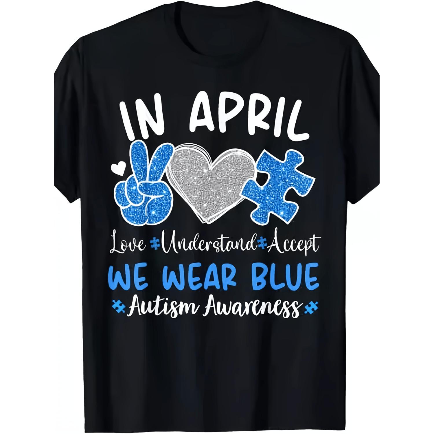 Autism Awareness April Wear Blue Heavyweight Cotton T Shirt with Puzzle Piece and Peace Sign Design