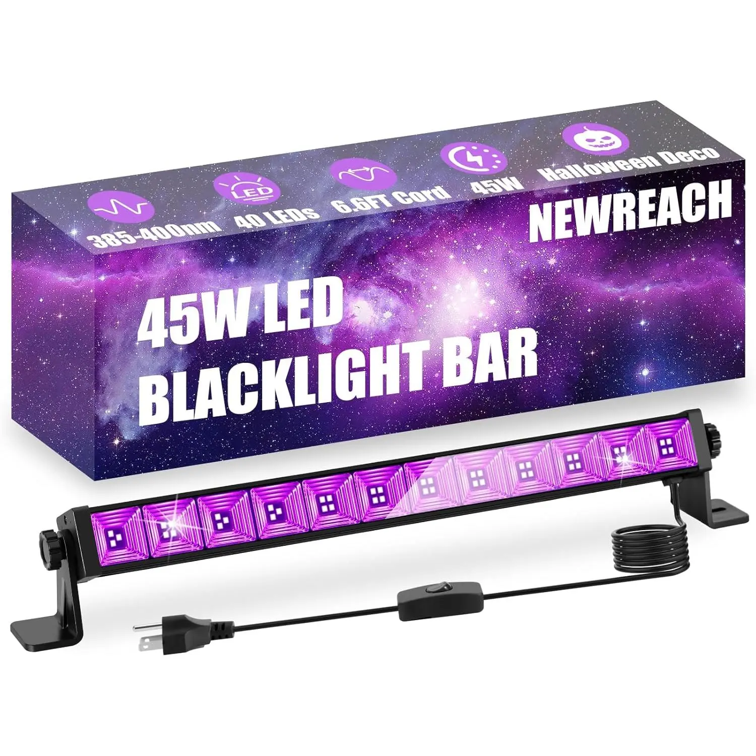 45W Black Light, LED Blacklight Bar with 6.6ft Cord, Glow in The Dark Light Up 28x28ft, for Glow Party, Neon Decoration, Body Paint, Fluorescent Poster, Birthday, Halloween, Bedroom(1Pack)