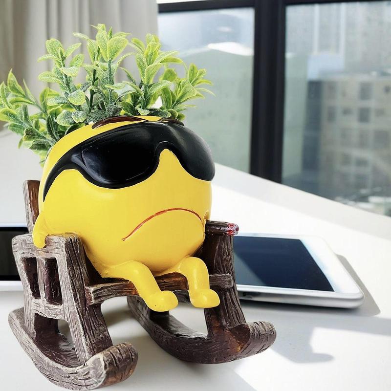 Vase aus Kunstharz im Cartoon-Design, süße Stuhl-Design-Vase mit Abflussloch, dekorativer Blumentopf für den Schreibtisch im Home Office, Wohndekor, Ornamente_voghion.com