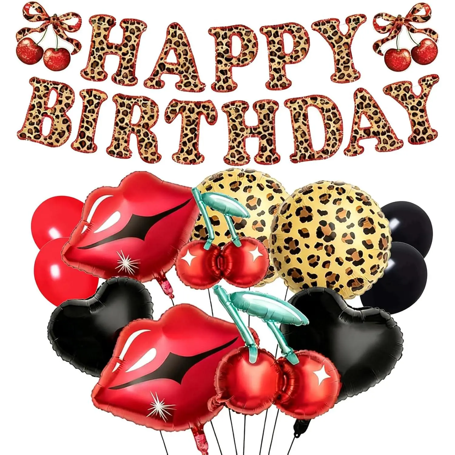 Leopard Happy Birthday Banner with 30Pcs Black Red Foil Balloons Kit,Cherry Print,Cheetah Pattern,Red Lips,and Black Heart Balloons for Baby Shower Bachelorette Party Decor,Wild Party (Cherry)