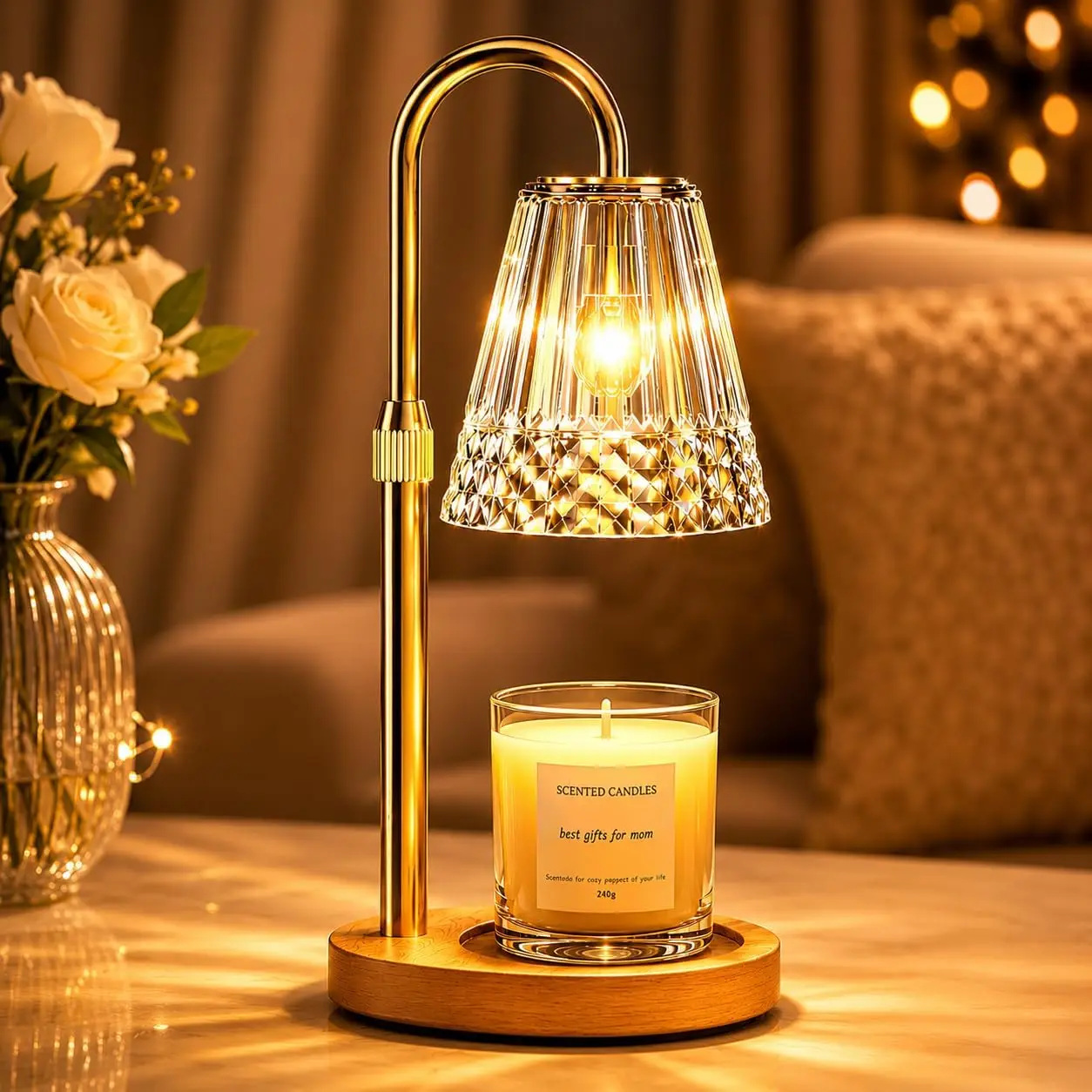 Candle Warmer Lamp with Timer and Dimmer, 4 Brightness Levels, Wooden Base, Mothers Day Gifts, Birthday Gift for Women, Golden, Home Decor Suitable for Bedroom, Offices, Living Rooms
