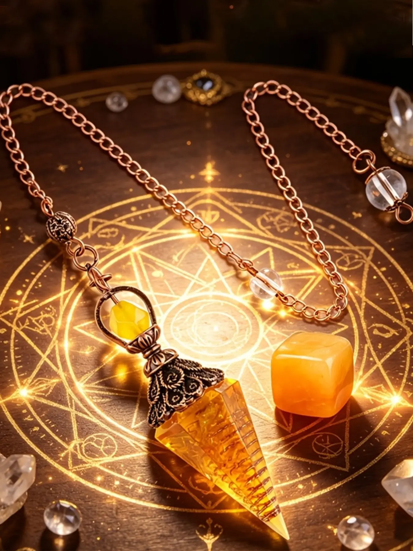 2pcs Natural Yellow Crystal Magic Cube Hexagonal Pointed Cone-Shaped Crushed Stone Chip Bronze Spirit Pendulum Set, Suitable for Wealth Detector, Magical Props And Home Decoration Gift