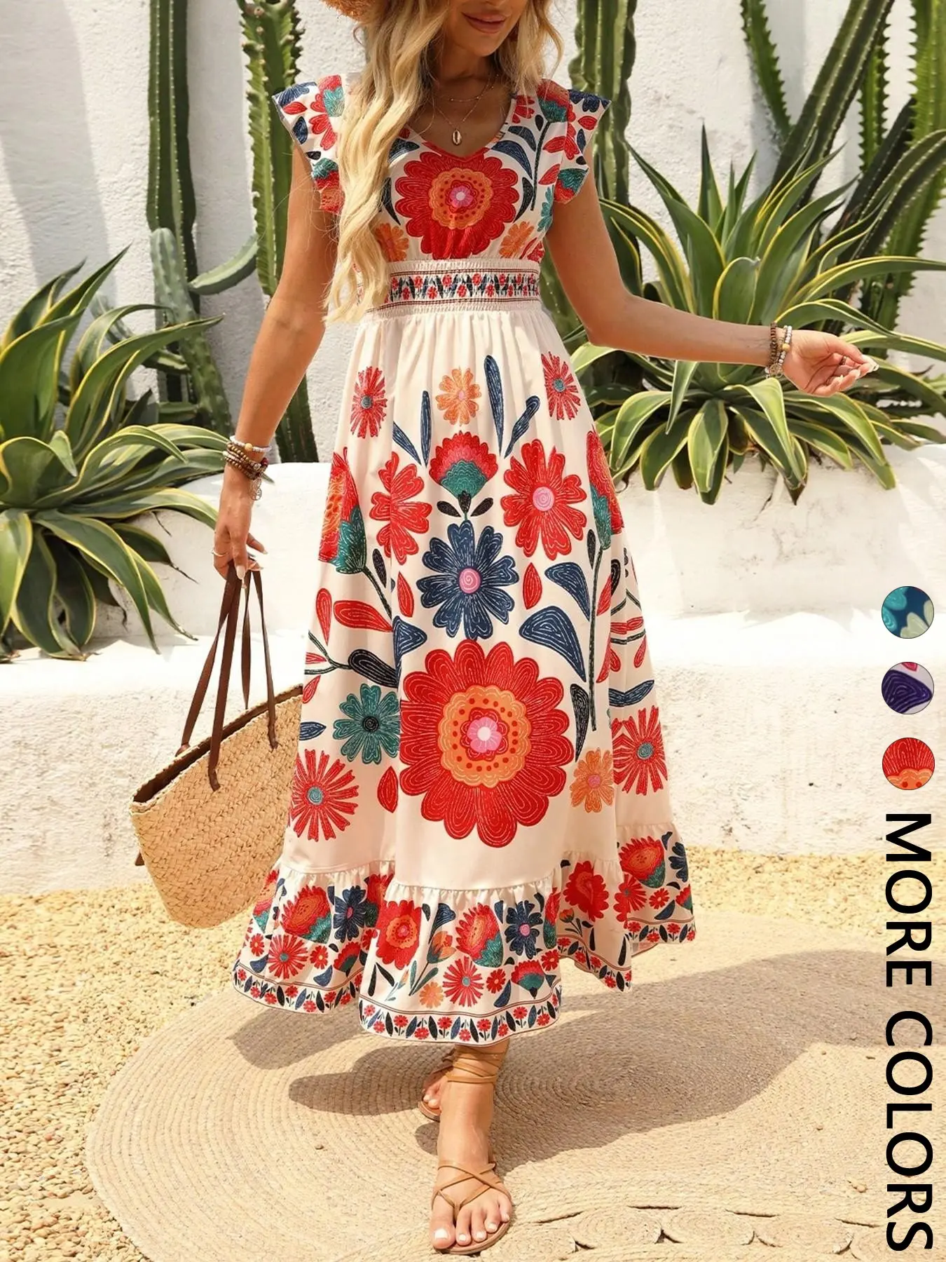 Women's Bohemian Style Floral Print V-Neck Summer Dress, Tropical Rainforest Beach Party Essential, Perfect for Vacation and Casual Wear