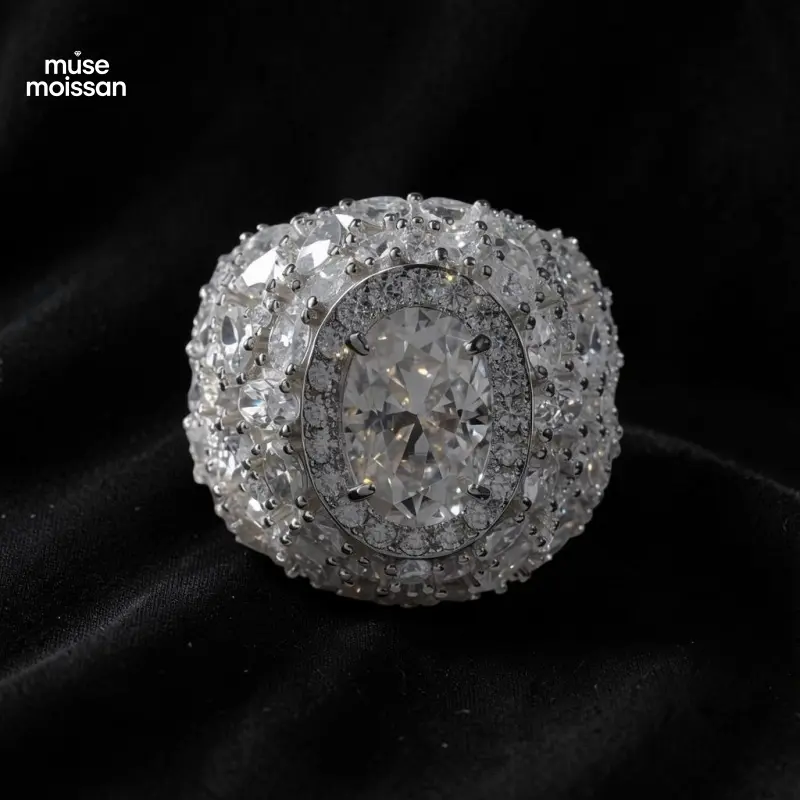 Muse Moissan 6 Carat Oversized Moissanite Statement Ring with Clustered Gems, Iced Out Look for Unisex Hip Hop Wear