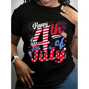Plus Size Men's & Women's Short Sleeve Casual Cotton Fabric 4th of July Streetwear T-Shirt, Round Neck, Striking HAPPY 4TH OF JULY Graphic, American Flag Motif, Long-Lasting Print, Ideal for Independence Day Festivities