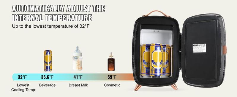 VEVOR Mini Fridge, 6L Skincare Fridge with LED light and HD Mirror, AC/DC Makeup Fridges for Skin Care, Cosmetic Storage, Chill Face Mask Drink, Small Refrigerator for Bedroom Dorm Desktop, Black