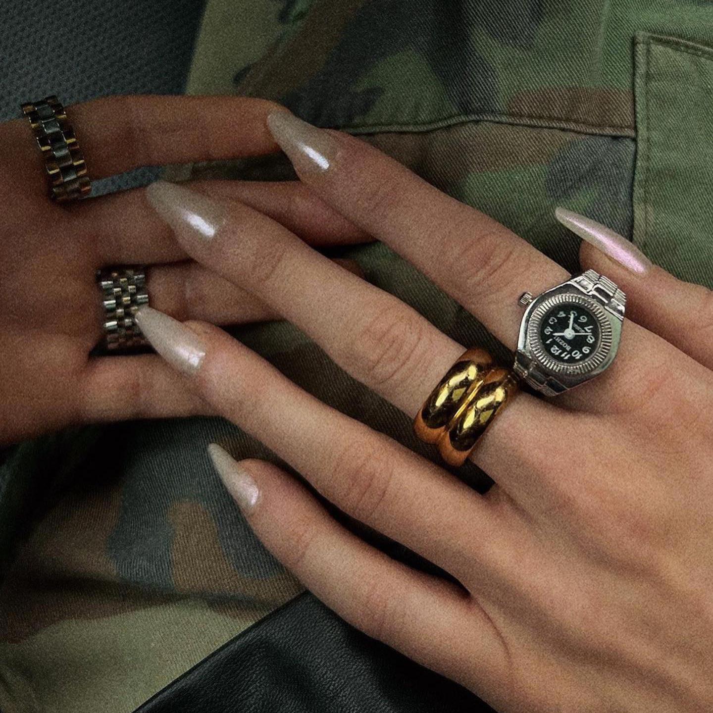 Silver Square Basic Fashion Women's Ring Mini Dial Watch Simple Elastic Strap Timely Ring Watch