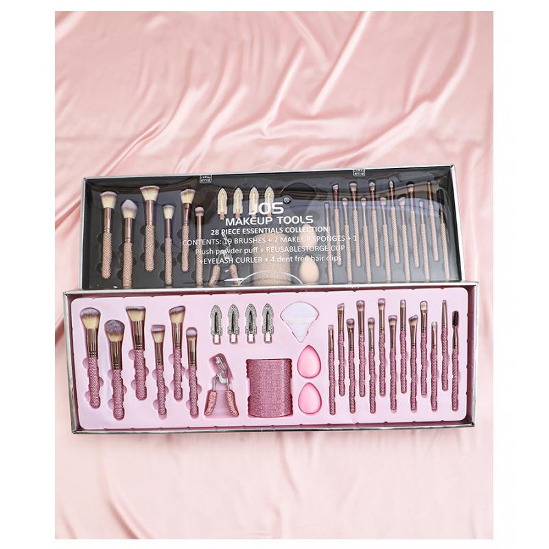 JOS 28-Piece Diamond Encrusted Makeup Brush Set for Women - Pink Glitter Brushes, Hand Bowl, Lash Tools, Full Beauty Kit for Flawless Looks, Luxurious Series, Nylon Bristles eyebrow  pluck birthday idea micro applicator brush dramatic metal curle fir get
