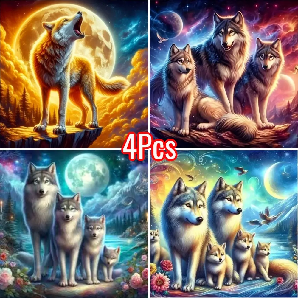 4pcs Wolf Pattern Diamond Painting Kit, Adult Art Craft Set, DIY 5D Diamond Art, Home Wall Decor, Beginner Friendly, Unframed