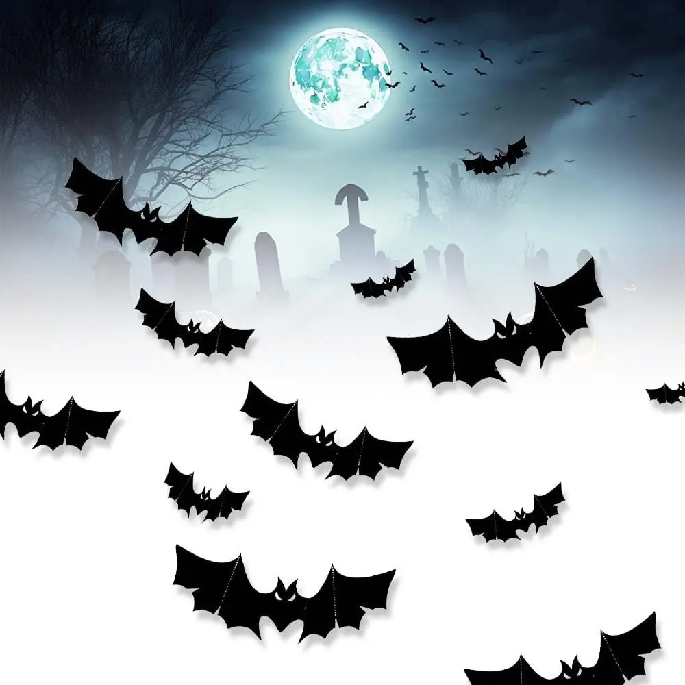 Bats Halloween Decoration Stickers, 48 Pack, 4 Sizes Spooky Bat Wall Decals, Indoor Outdoor Halloween Decor, Party Favor