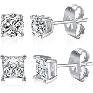 Silver/Gold Stud Earrings for Women Men 316L Stainless Steel/Brass Hypoallergenic 2 Pairs Round & Square 5A+ Cubic Zirconia Earring Set Jewelry 3-7MM