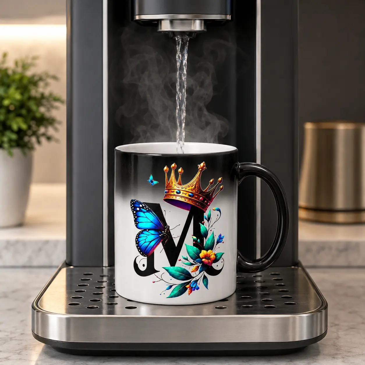 11oz Heat-Sensitive Color Changing Ceramic Mug, Initial Letter M Butterfly Crown Floral Print, Washable Drink Cup, Magic Heat Reveal Gift for Women Mom