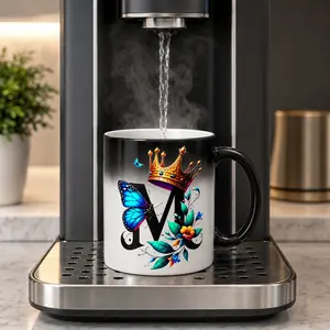 Initial M Crown and Blue Butterfly Magic Mug, 11oz Color Changing Ceramic Coffee Cup from Daughter or Son, Cute Floral Surprise Reveal Tea Mug Gift for Mom, Grandma, Sister
