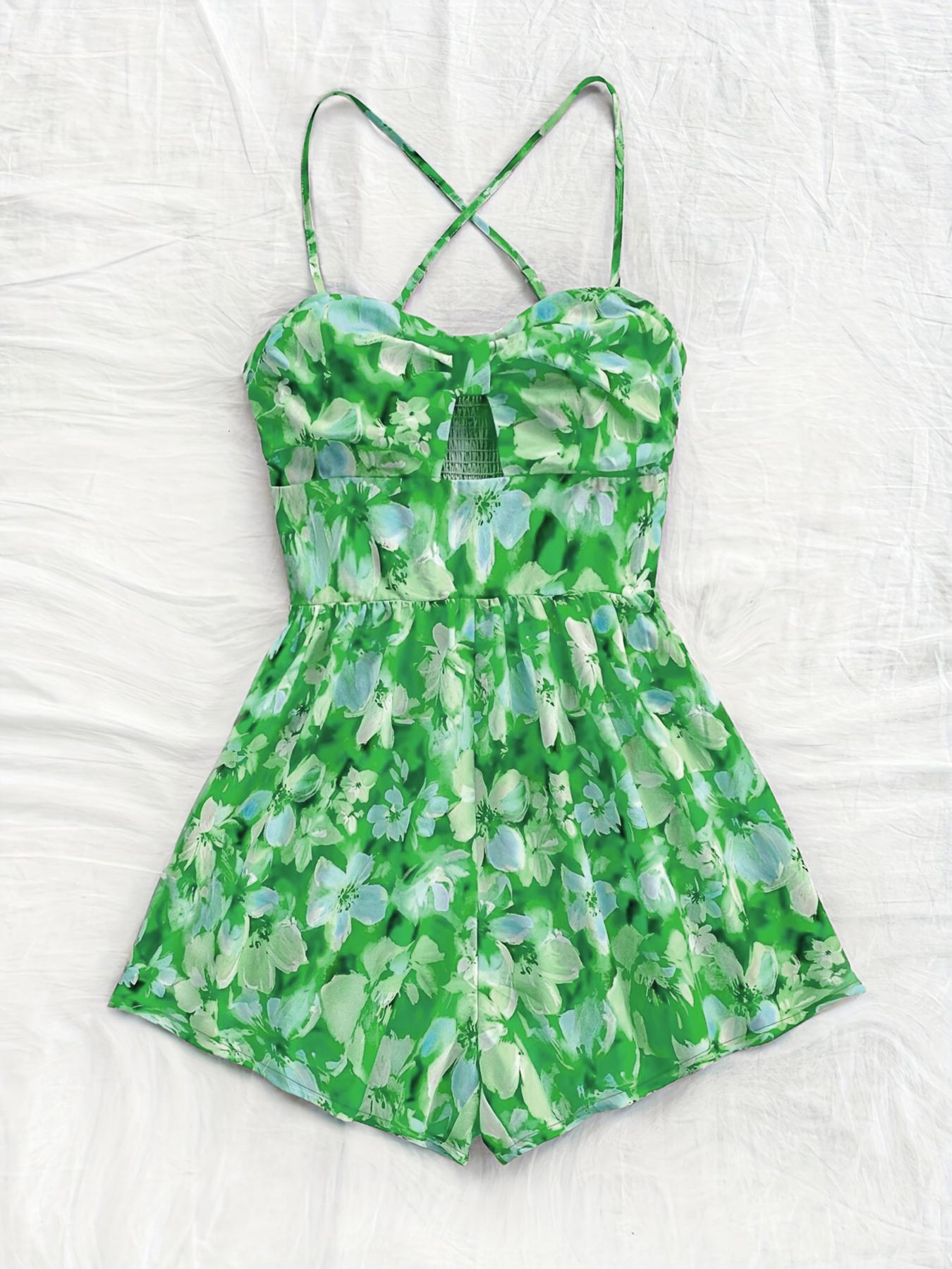 Women's Floral Print Cut Out Fitted Romper, Casual Sleeveless Romper for Summer, Fashion Women's Clothes for Beach Holiday Vacation